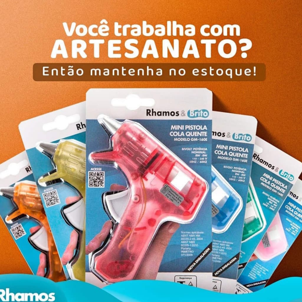 Pistola De Cola Quente Fina Rhamos e Brito 8W/20 Colorida.