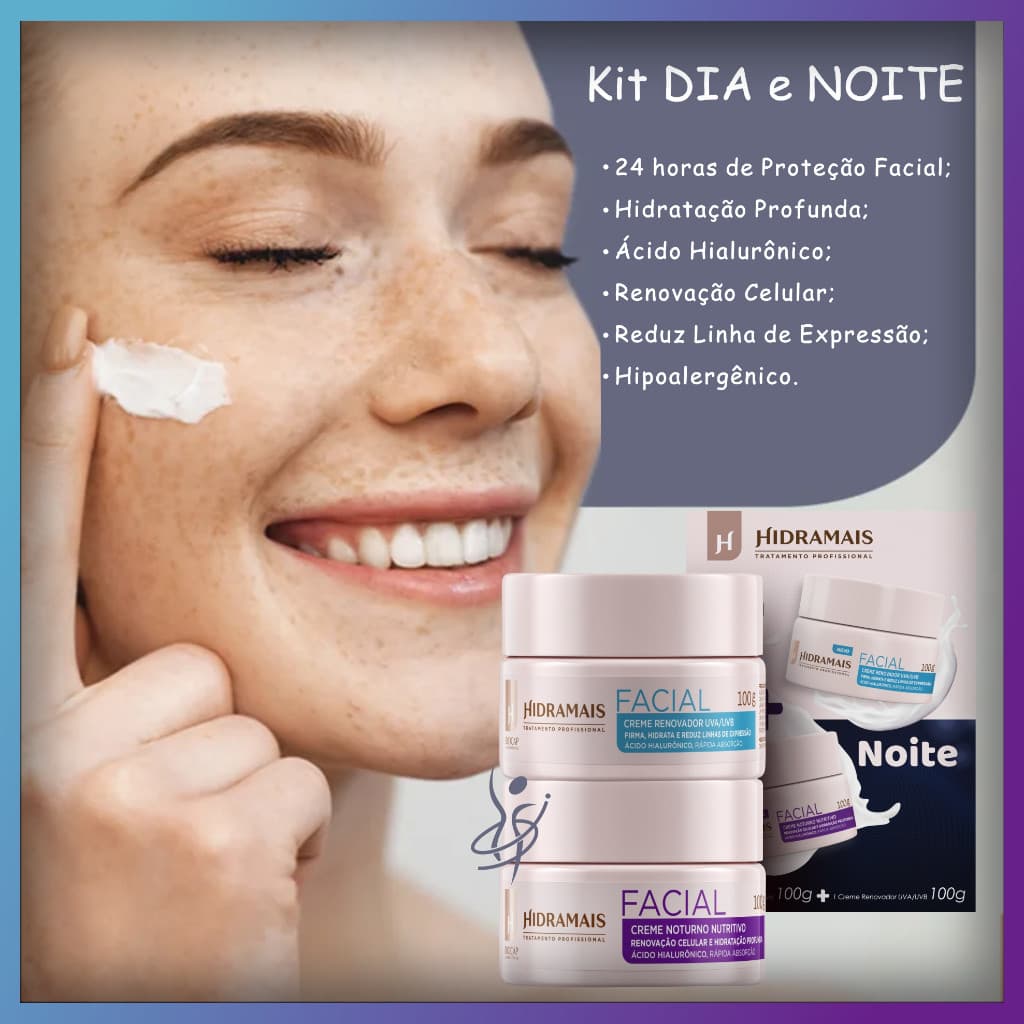 Kit Hidratante Facial Renovador dia e noite Hidramais - Colágeno, Ácido Hialurônico Antirrugas, Hipoalergênico