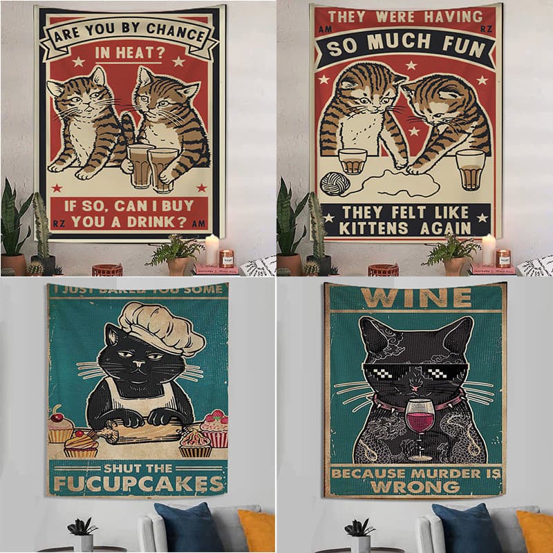 Tapeçaria de Pano Pendurada de Gato Retro Europeu e Americano Decoração de Gato Personalizada Pano de Parede de Fundo 23