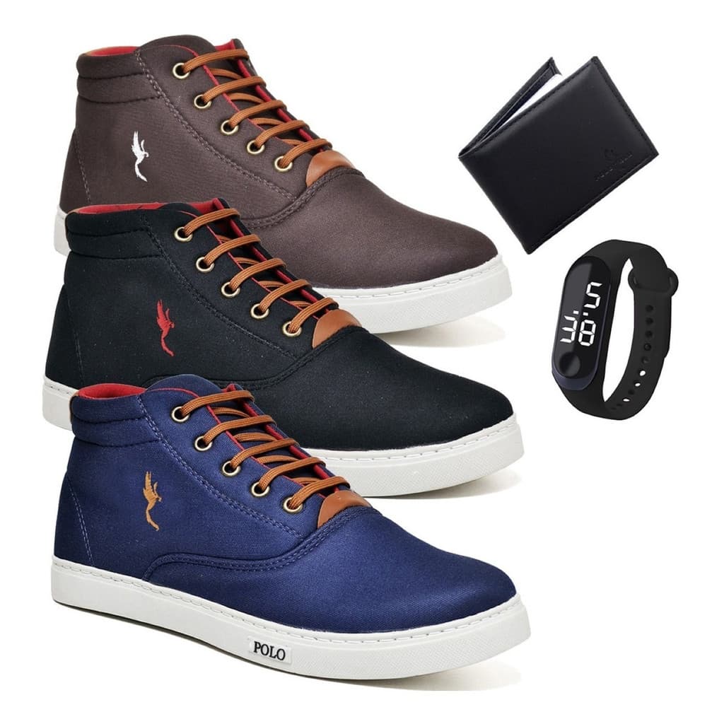 Kit 3 Pares Tênis Sapatenis Masculino Polo Cano Alto Macio  + Relogio + Carteira