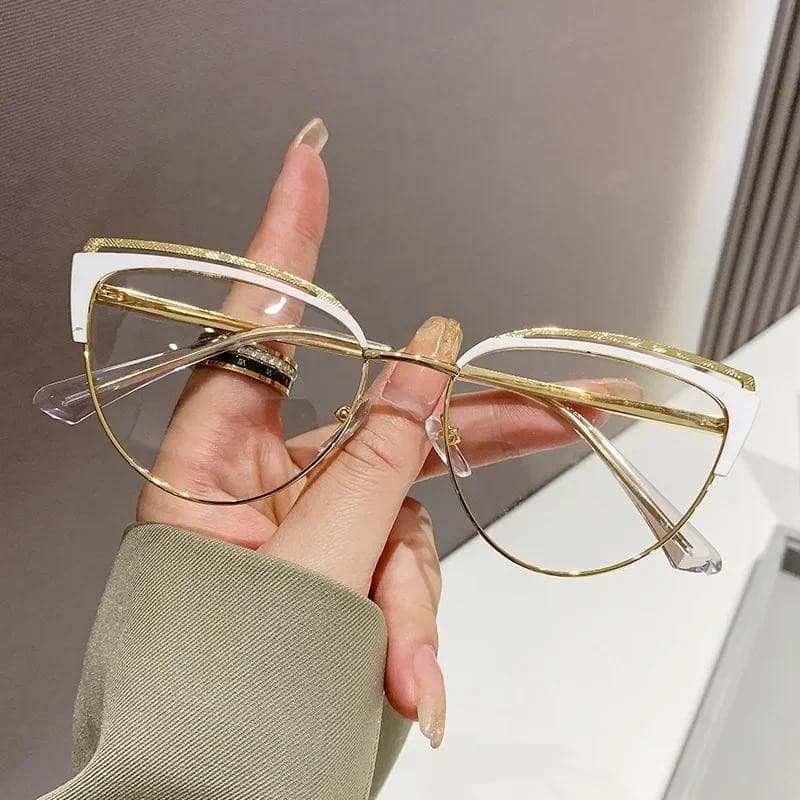 Óculos Femininos Anti-Luz Azul Estilo Olho de Gato, Armação de Metal, Óculos Ópticos Oversized, Óculos Vintage Femininos