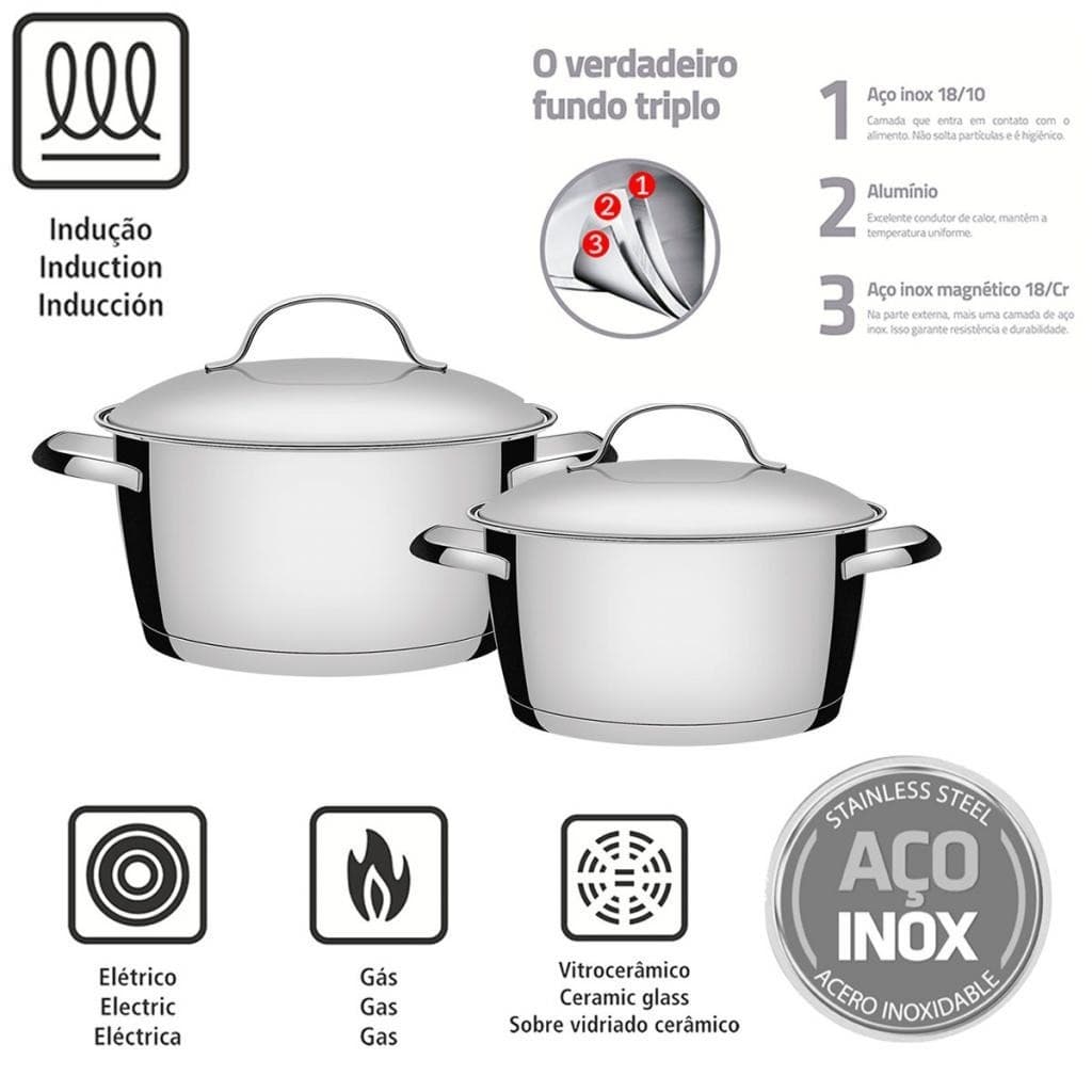 Jogo de Panelas Tramontina Allegra em Aço Inox com Fundo Triplo - 2 Peças