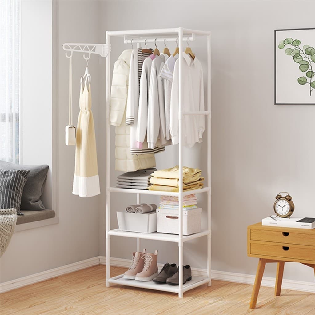 Arara De Roupas Com Sapateira Prateleiras Organizador Multiuso Em Aço Inox Guarda Roupa Cabideiro【1】