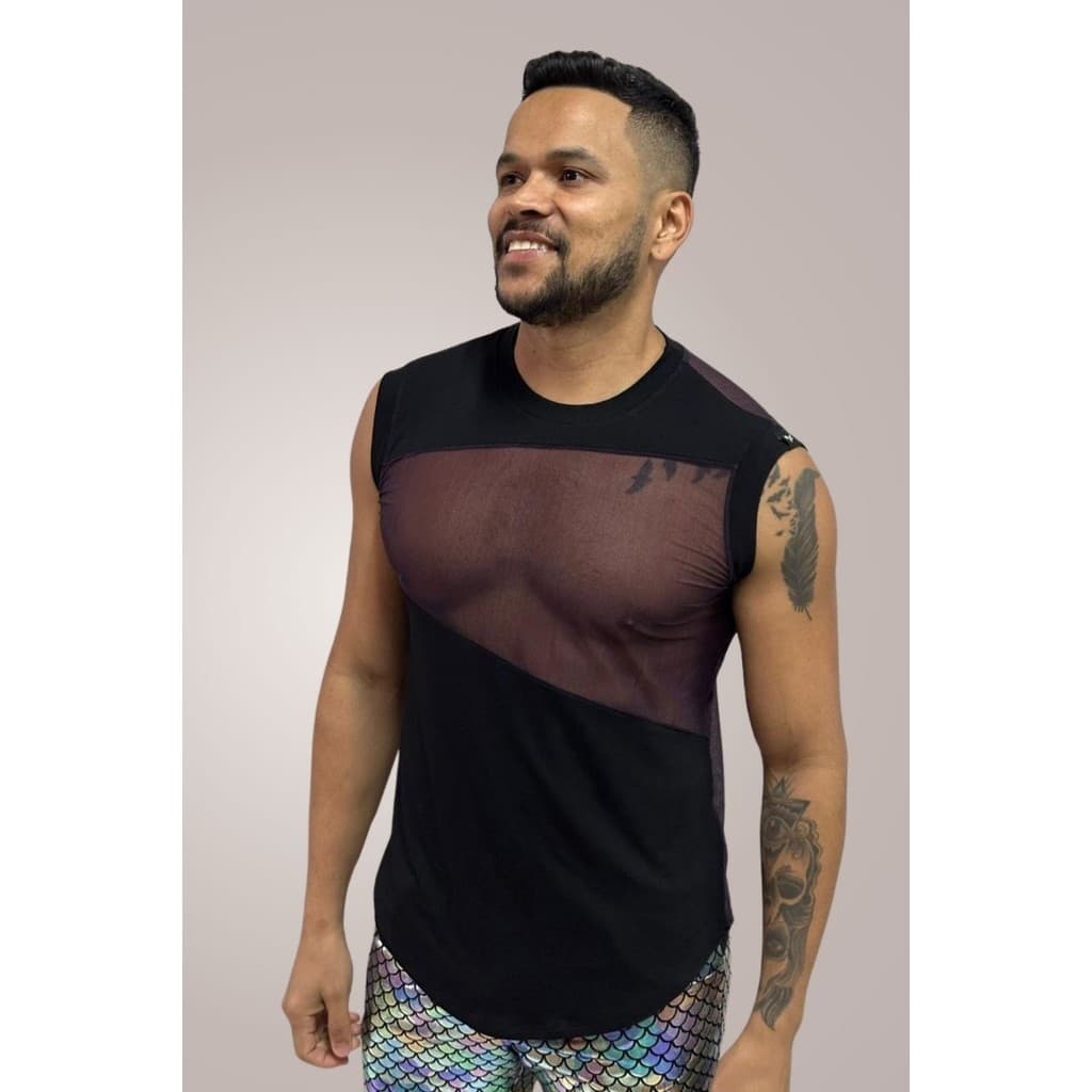Regata Masculina em Viscolycra Detalhe Frente e costas em Tule Lilas Moda Masculina