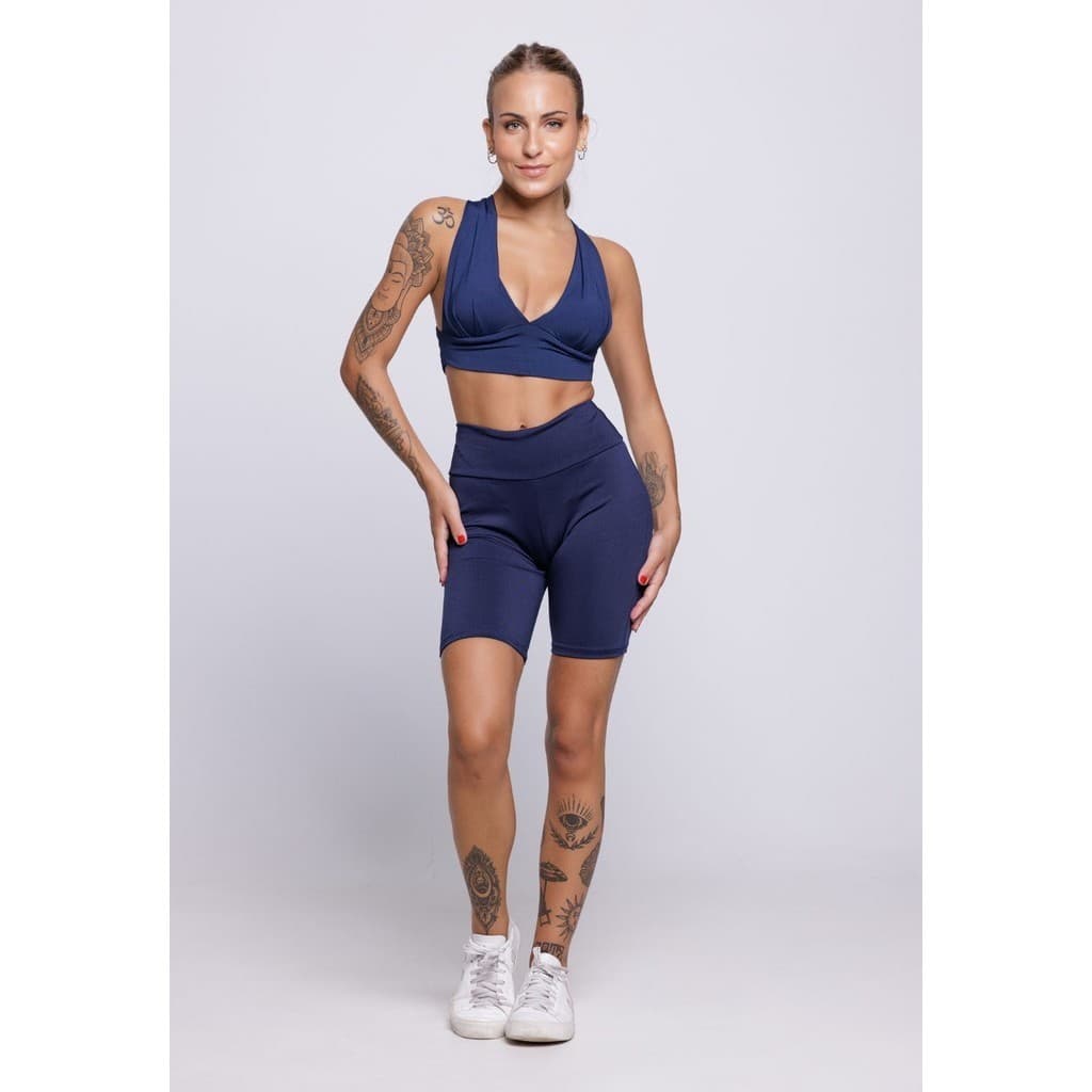 Conjunto Fitness Top Com Bojo Costa Cruzada + Bermudinha Suplex Academia Treino