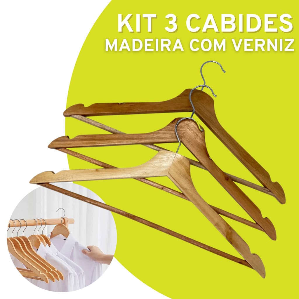 Kit 3 Unidades Cabides De Madeira com Verniz