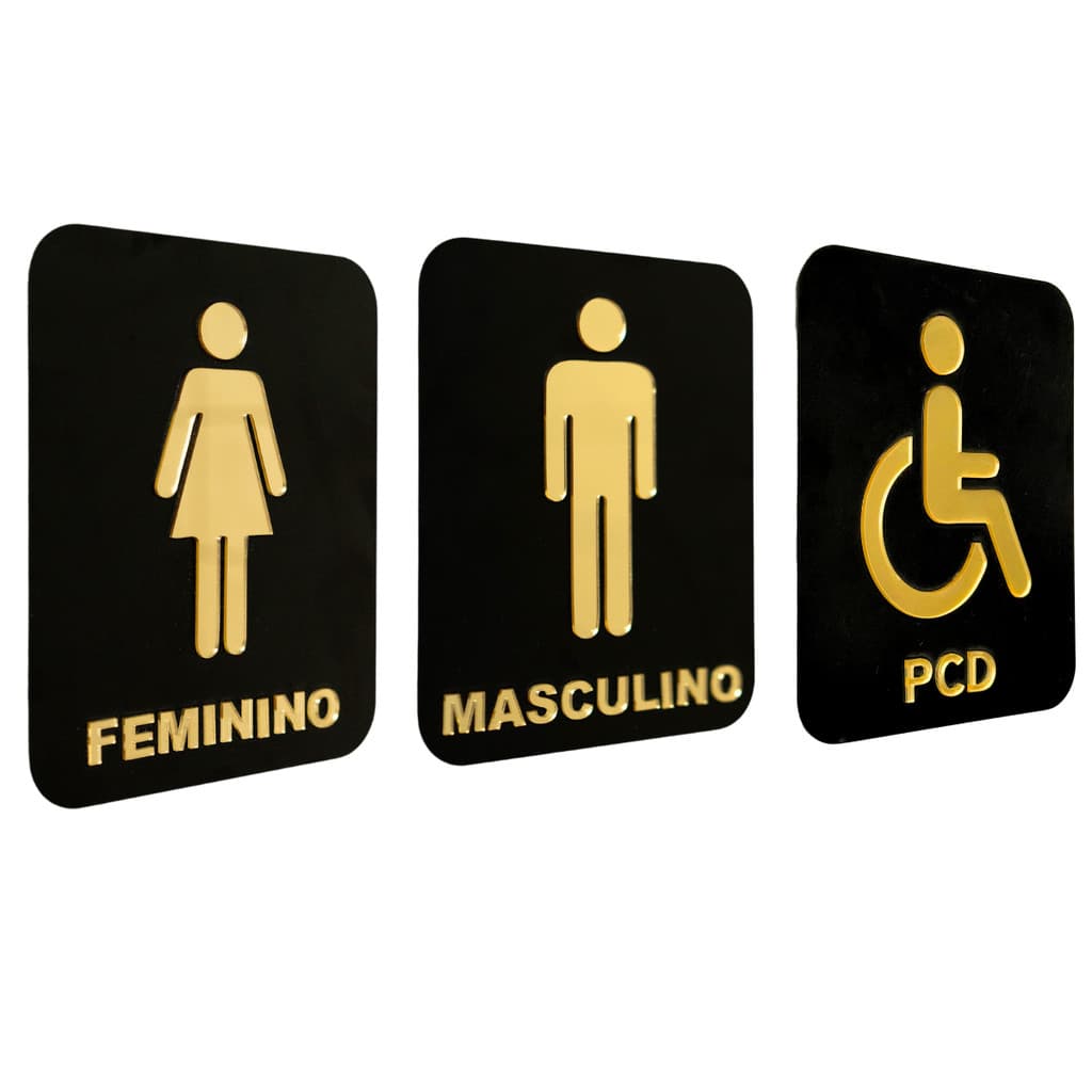 Kit 3 Placa Acrílico Banheiro Masculino Feminino PCD 20x15cm
