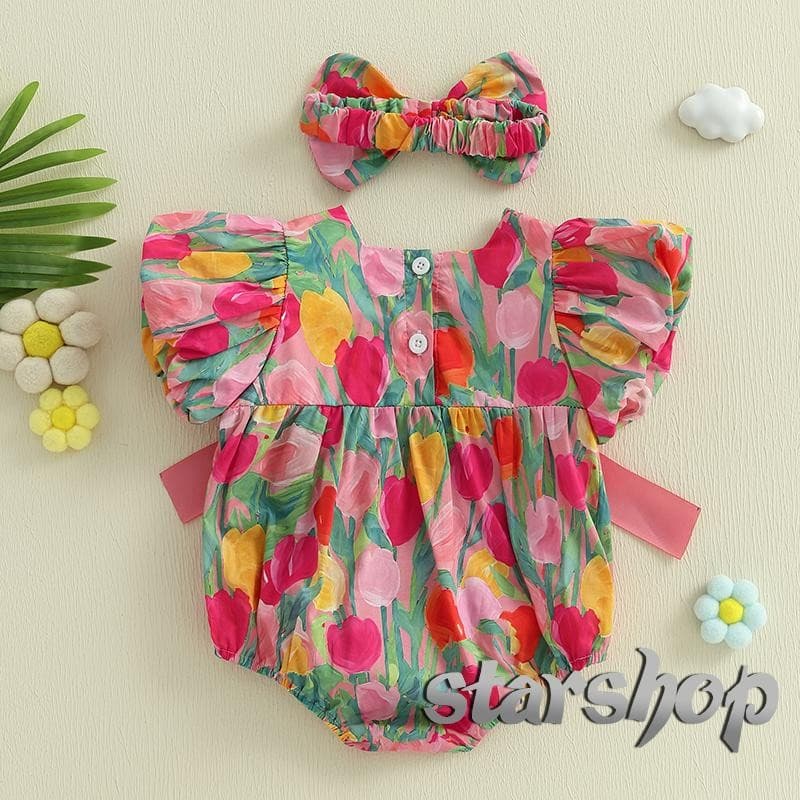 Starshop-Macacão De Flores Para Bebês Meninas , Manga Voadora , Com Faixa De Cabeça Laço , Roupas Fofas De Verão , Conju