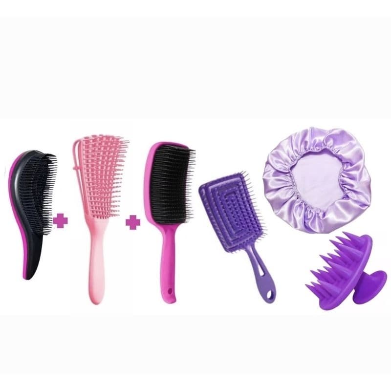 Kit 6 unidades  Escova Mágica,Polvo,Raquete,Flexível,Touca de Cetim, Massageadora couro cabeludo