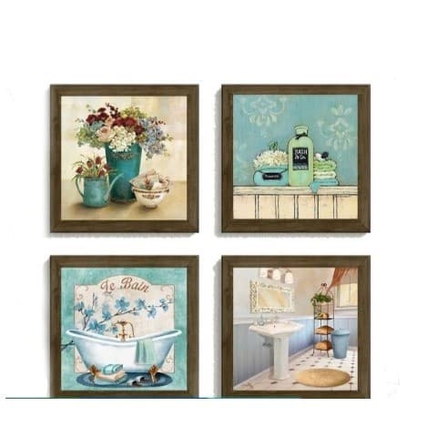 Kit Quadros Decorativos 4 Peças para Banheiro Vintage Flores Lavabo Toalette Moldura Preta
