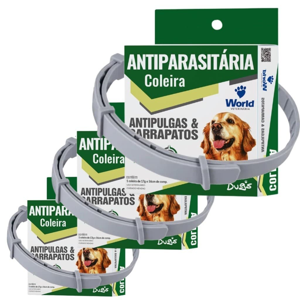 Kit 3 Unidades Coleira Anti Pulga e Carrapato Dugs Para Cachorro Cães 56cm 3 Meses de Duração