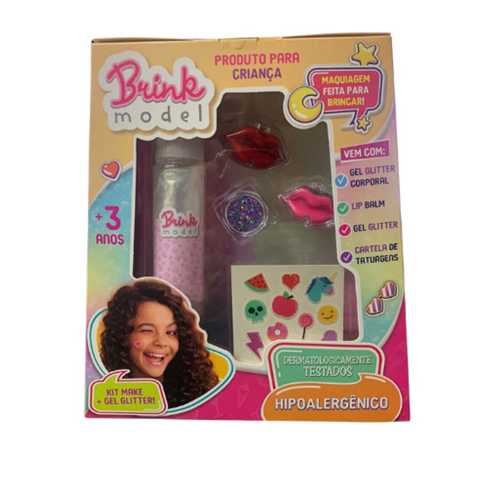 Kit Maquiagem Infantil Com Glitter Corporal Hipoalergênico Brink Model