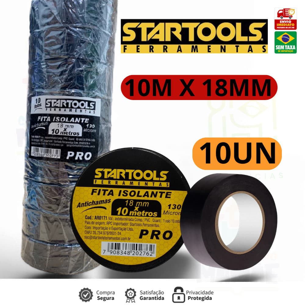 Fita Isolante Kit 10 unidades PVC 5M ou 10M Antichama Pacote com 10 AR0170 AR0171