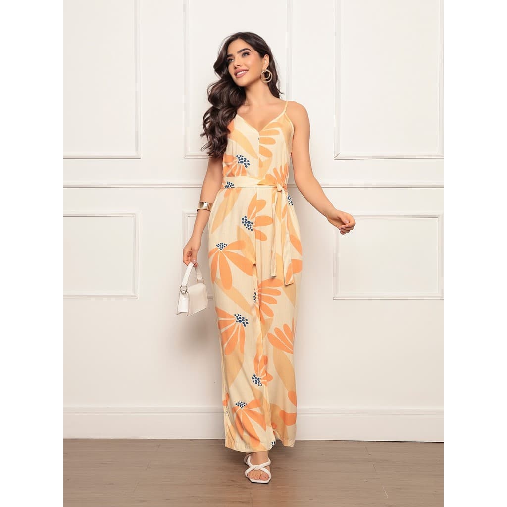 Macacão Feminino Viscolinho Estampado - Alças Finas, Decote Profundo nas Costas e Faixa Ajustável na Cintura Elegância