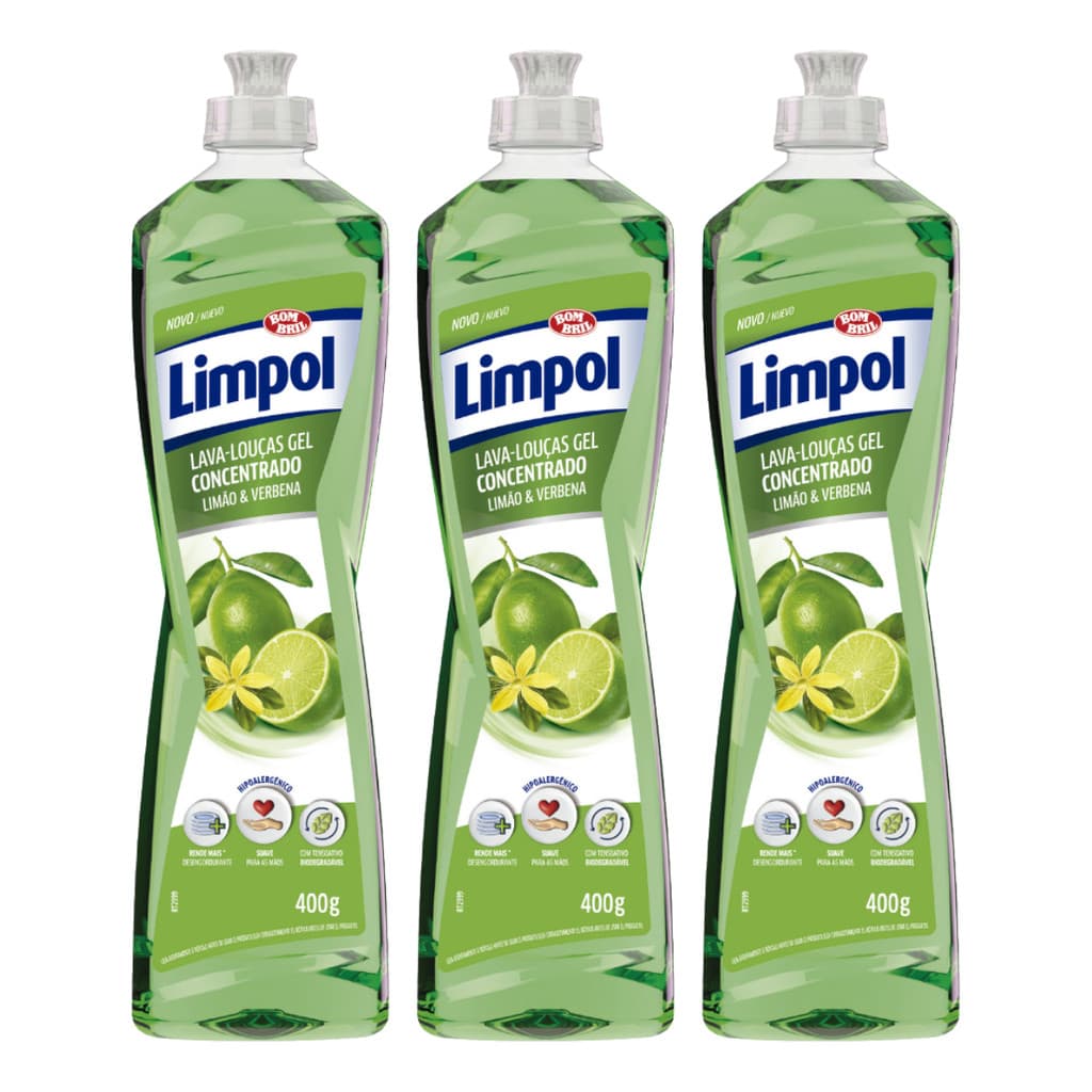 Kit 3 Detergente Gel Concentrado Limão e Verbena 400ml Limpol