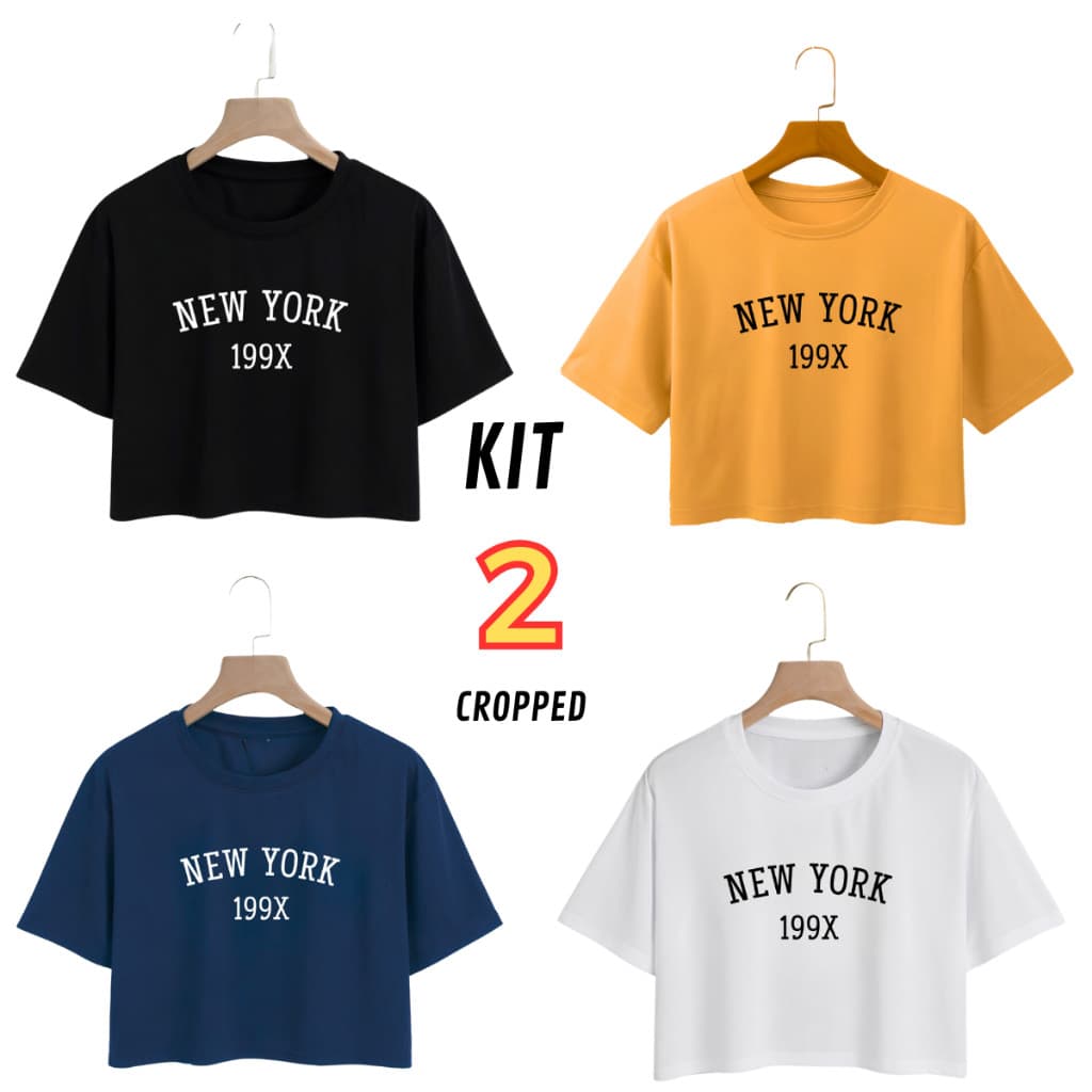 Kit 2 Blusa Cropped Feminina Larguinho T-Shirt New York Algodão Promoção