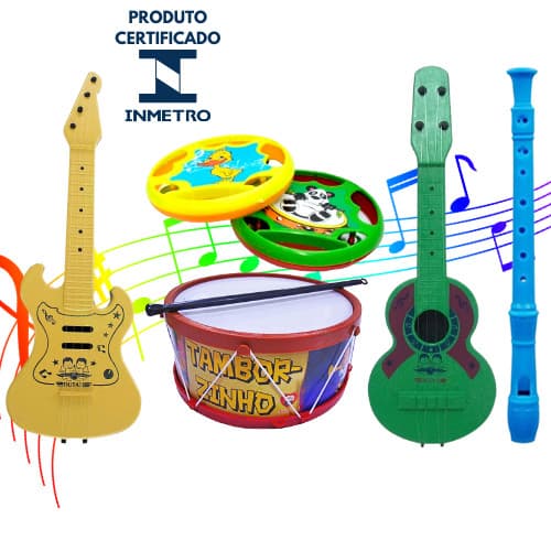 Kit Musical Brinquedos Educativo C/5 Instrumentos Tambor Violão Pandeirola Flauta Infantil