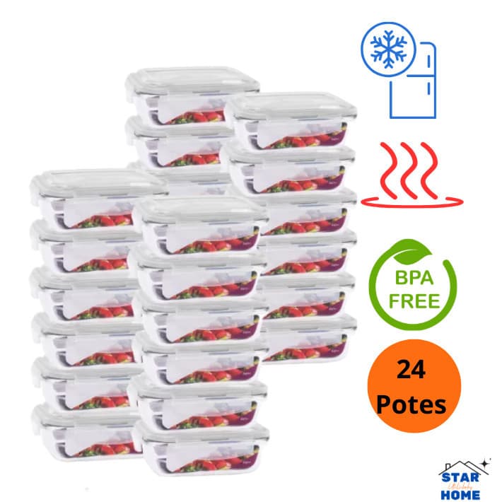 Kit 24 Potes de Vidro 640ml Hermético Marmita Fit com Tampa 4 Travas