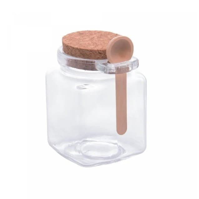 Pote Quadrado de Vidro Com Colher de Bambu e Tampa Rolha 310ml Pote Quadrado de Vidro Com Colher de Bambu e Tampa Rolha 310ml