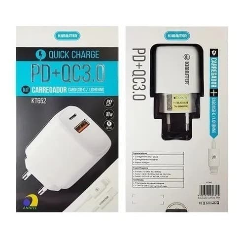 Carregador P/ iPhone Fonte 18w + Cabo Tipo-c Rápido Turbo Kimaster KT652/T100CC TIPO C