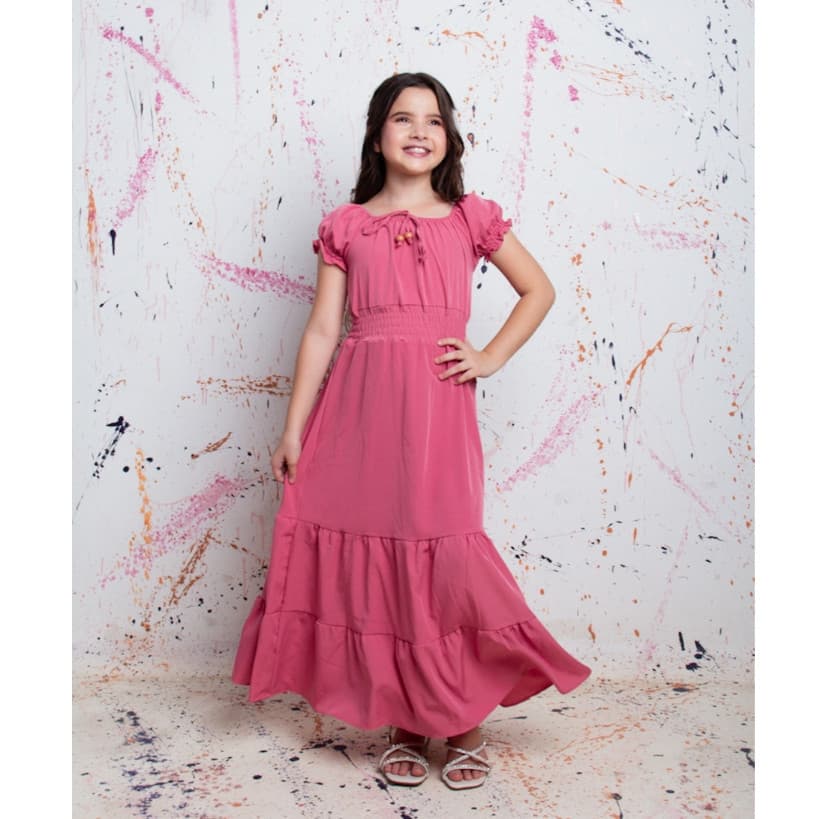 Vestido longo menina juvenil moda evangélica salmão