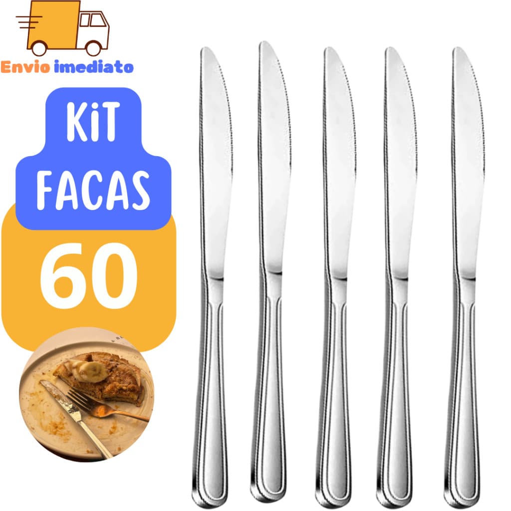 Kit com 60 Facas em Aço Inox 21cm para Restaurantes Buffet Casa Bares
