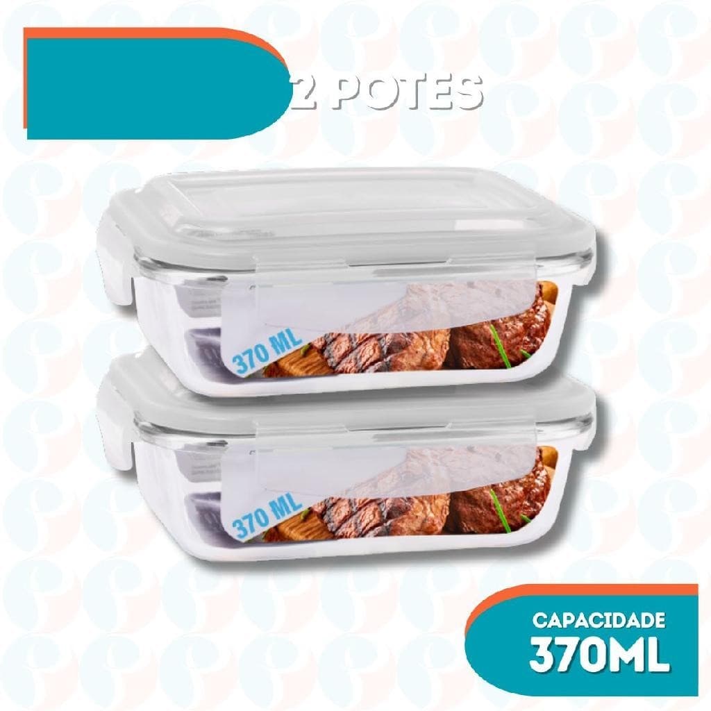Kit 2 Pote de Vidro 370ML Vai ao Forno e Microondas Com Tampa
