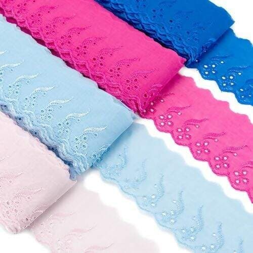 Bordado Inglês 7,5cm Largura Renda de Lese Várias Cores Peça 13,70m Ref. BP077