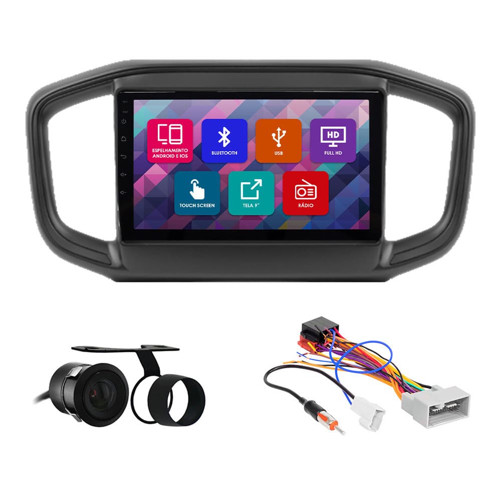 Kit Multimídia 9 Pol Strada 2021 2022 Espelhamento Android Ios 2 Din Preto Camera Ré