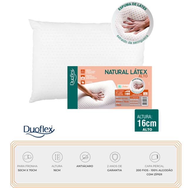 Travesseiro Natural Látex Alto Duoflex Maior Ventilação e Frescor - Confortável e Durabilidade