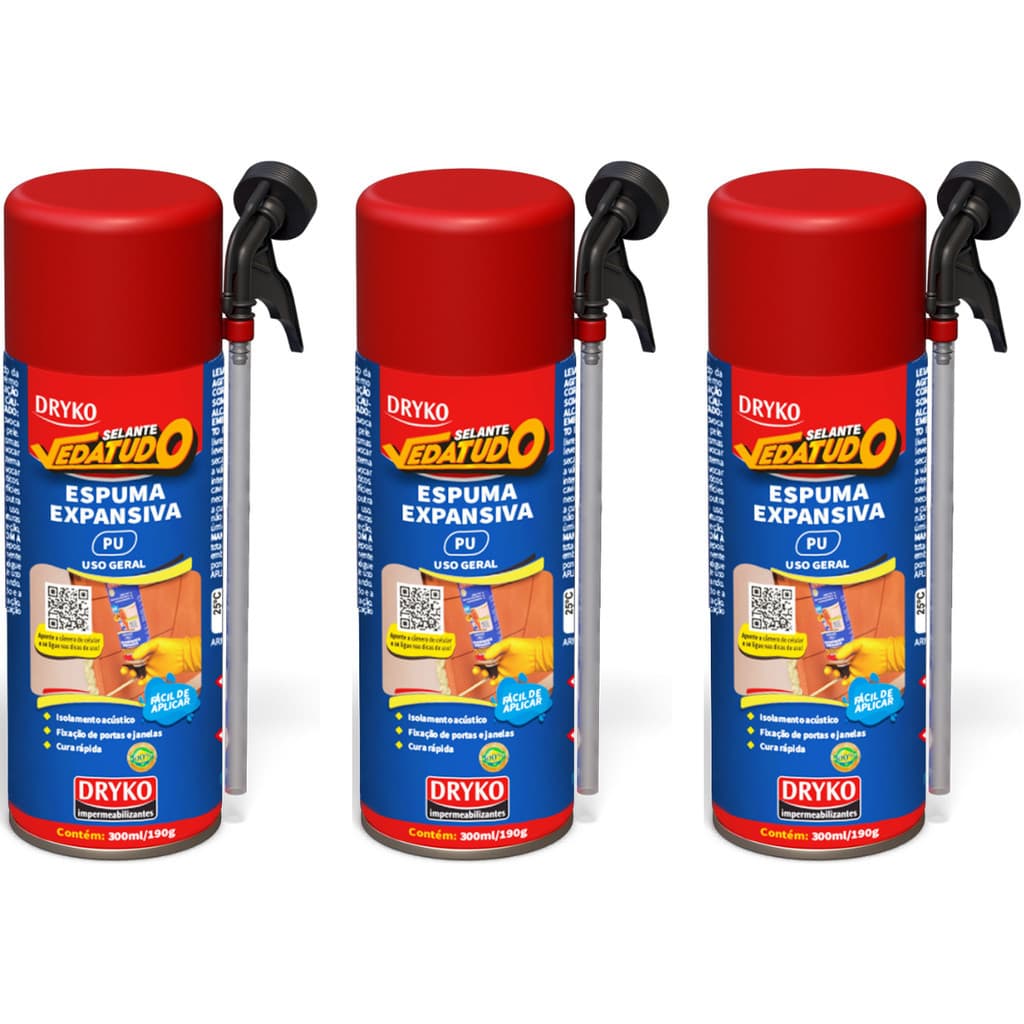 3 Espuma Expansiva Porta Janela Uso Geral Obra Vedatudo Vedação Batente Fixação Isolamento 300ml