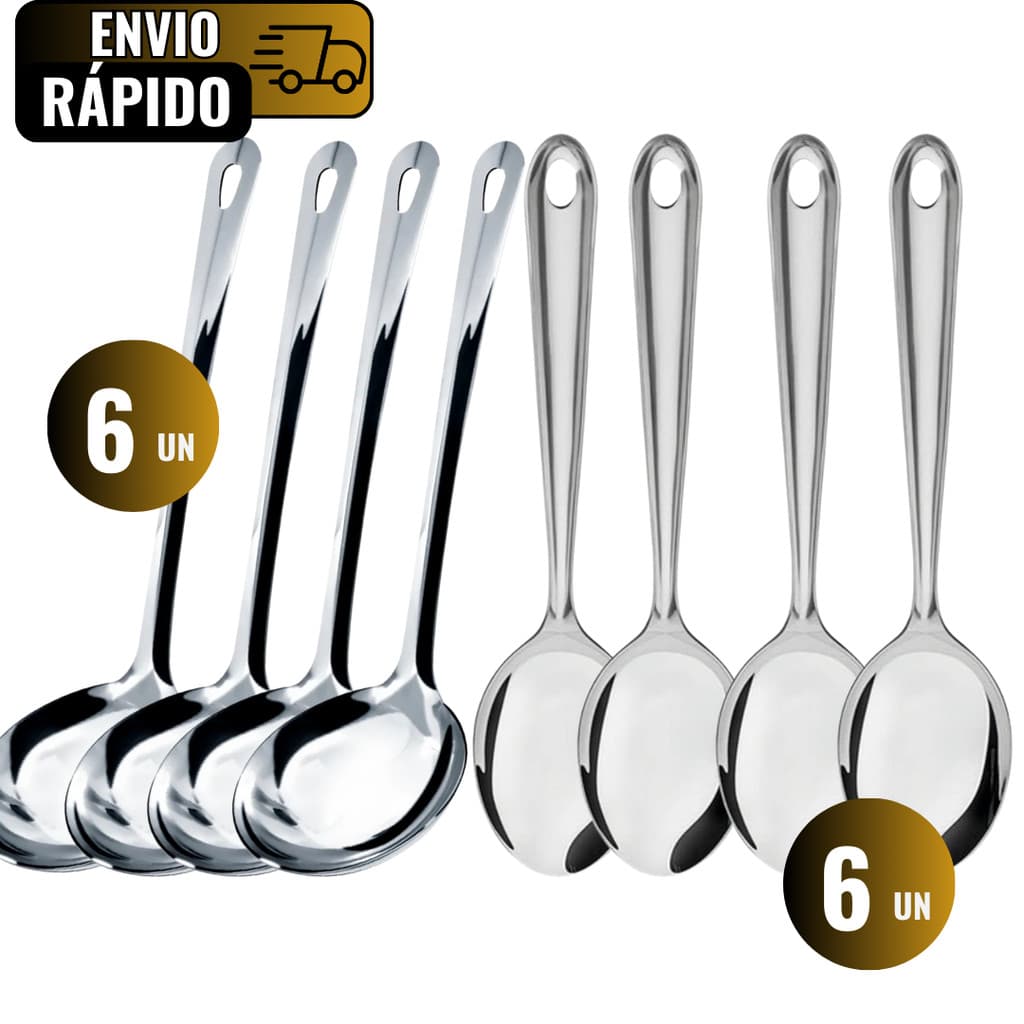 Conjunto 6 Conchas De Feijão 6 Colheres De Arroz em Aço Inox Premium Para Servir Caldos Arroz Feijão