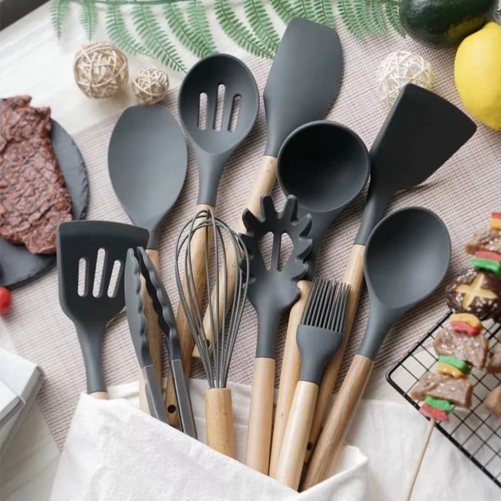 Kit Flórida Utensílios De Cozinha Silicone Cabo Madeira Cor Preto - Kehome