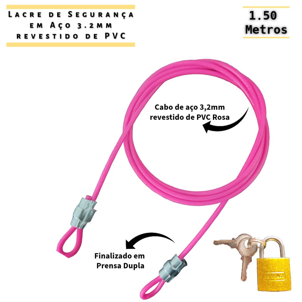 1 Lacre Segurança Multiuso 1,50 Metros ROSA + Cadeado 20mm Bag Malas Bike GoPro Capacetge Bolsa Security Collor