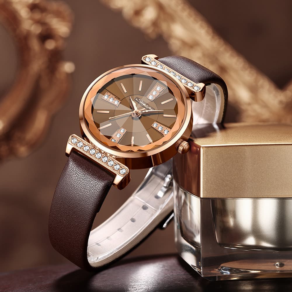 Sunlifex Relógio Feminino Dourado em Couro Mulher Luxo Rhinestone Relógios De Quartzo De Aço