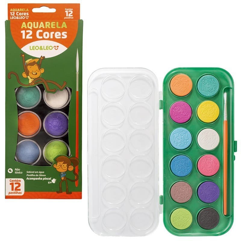 Aquarela Infantil Escolar 12 Cores - Leo e Leo