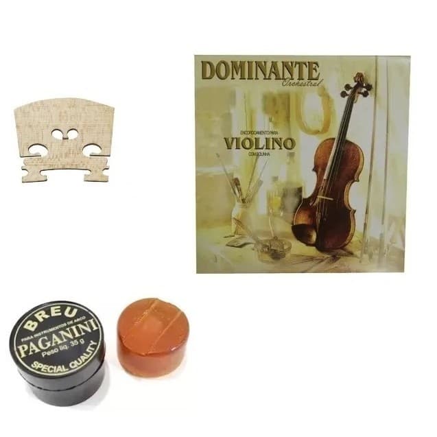 KIT VIOLINO ENCORDOAMENTO DOMINANTE  3/4 ou 4/4 + BREU PAGANINI + CAVALETE iniciante estudo
