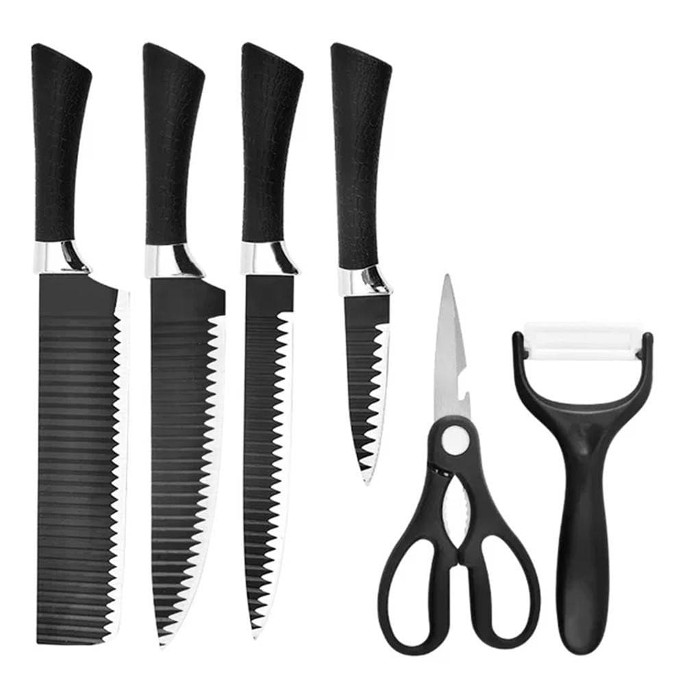 Conjunto Facas 6 Cutelo Cozinha 6 Peças Tesoura Preto
