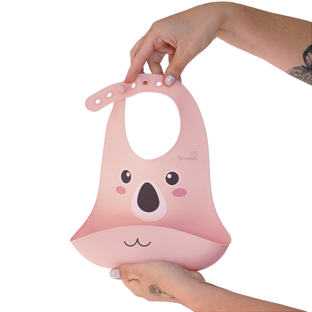 Babador de Silicone TurmaTube Rosa | Coala com Pega Migalhas e Fecho Ajustável