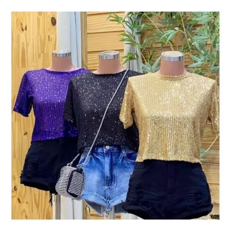 Cropped Feminino Paetê Brilho Manga Curta Top para Festa Balada Carnaval Réveillon