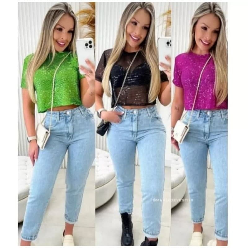 BLUSA CROPPED CAMISETA TOP MANGA CURTA PAETÊ BRILHO LINDA T-SHIRT TENDECIA SIMPLES BRILHOSA
