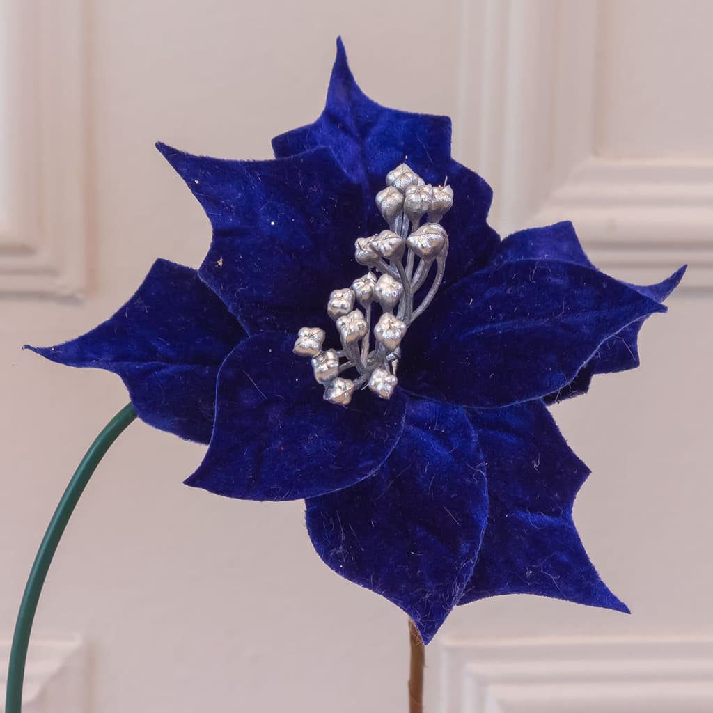 Pick Flor de Natal Poinsetia Veludo Azul com Detalhes Prateados - 15cm - Decoração Natalina