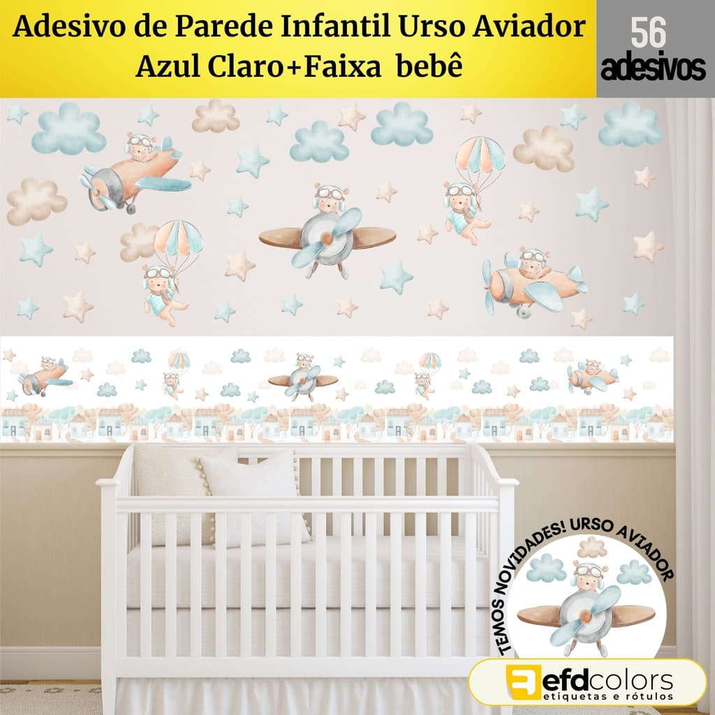 Adesivo de Parede Infantil Urso Aviador  Azul Claro+Faixa  bebê 56 UNI