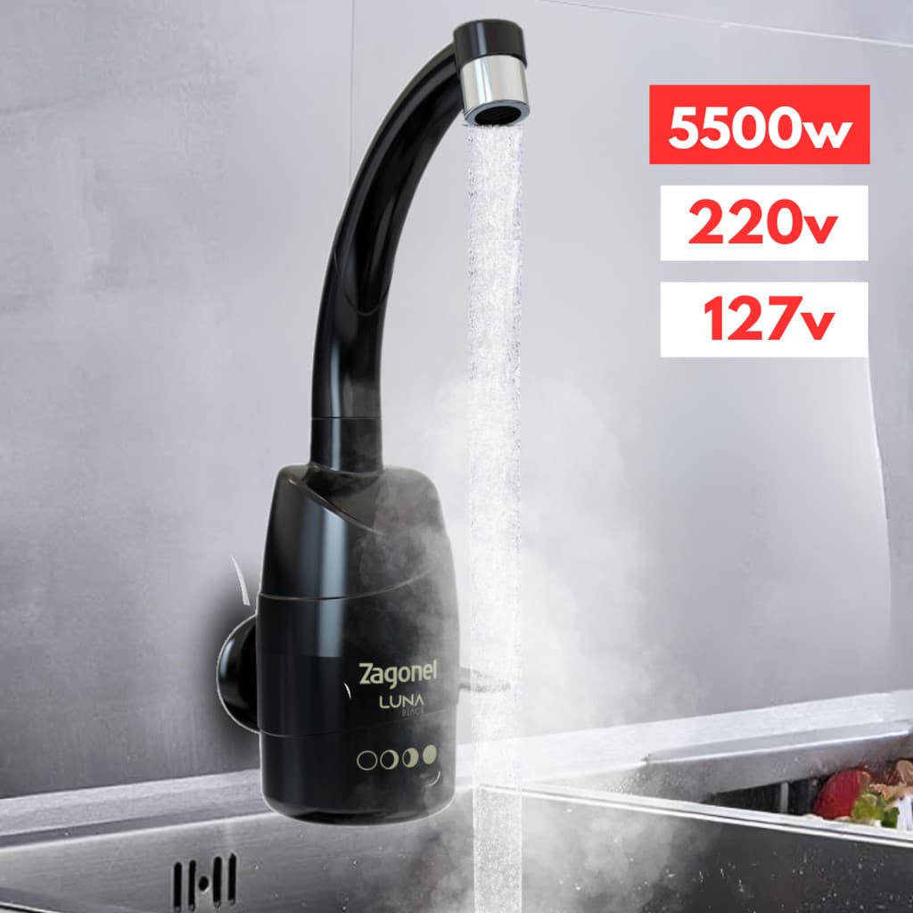Torneira Elétrica Luna 4 Temperaturas Black 220V 127V 5500W Zagonel Água Aquecida Quente Ajustável