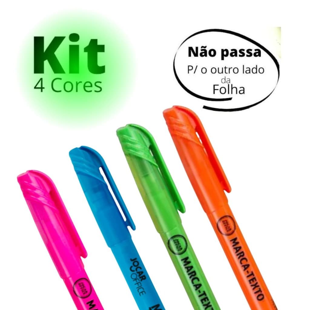 KIT 4 CANETA MARCA TEXTO FLUORESCENTE NEON PONTA CHANFRADA JOCAR OFFICE - LEONORA