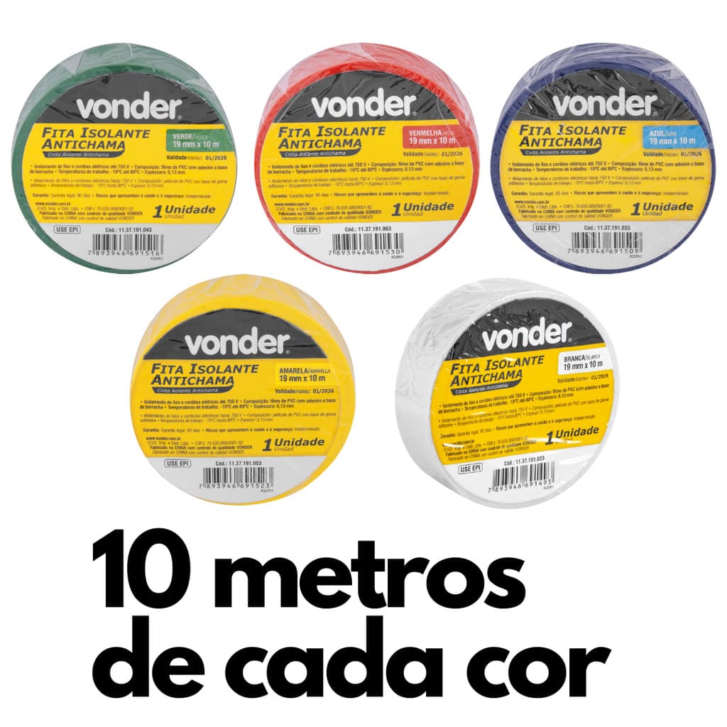 Kit 5 Fitas Isolantes Coloridas 10 Metros! -  VONDER