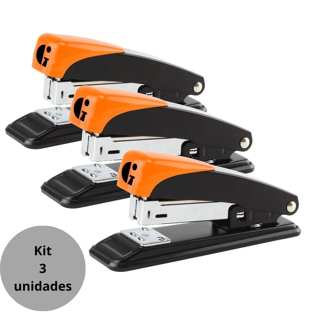 KIT 3 GRAMPEADOR PARA ESCRITÓRIO METAL  ATÉ  20 FOLHAS 26/6 GRAMPLINE 11CM GENIAL PRETO COM LARANJA
