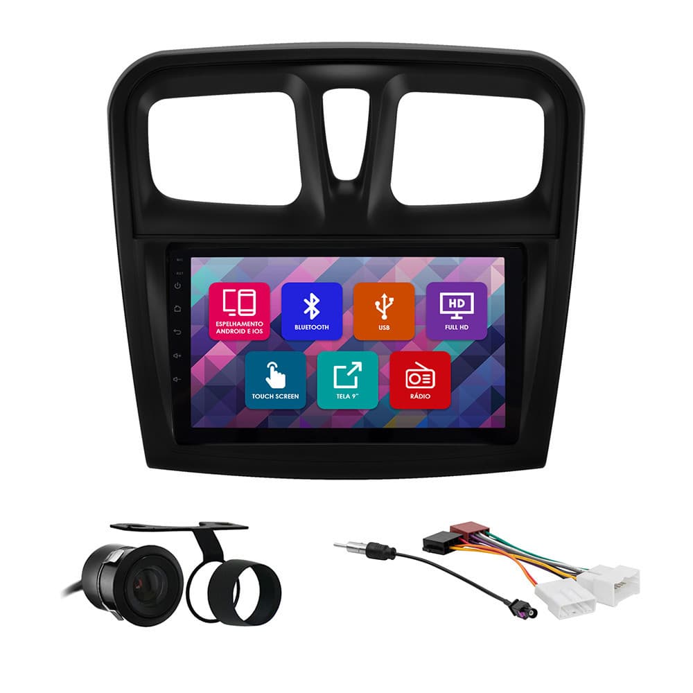 Kit Multimídia 9 Pol Logan 2015 2016 2017 2018 Espelhamento Android Ios 2 Din Black Piano Camera Ré