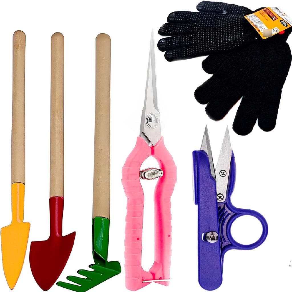 kit Jardinagem Jardim Tesouras Poda Ancinho Pazinhas Luva 06pçs