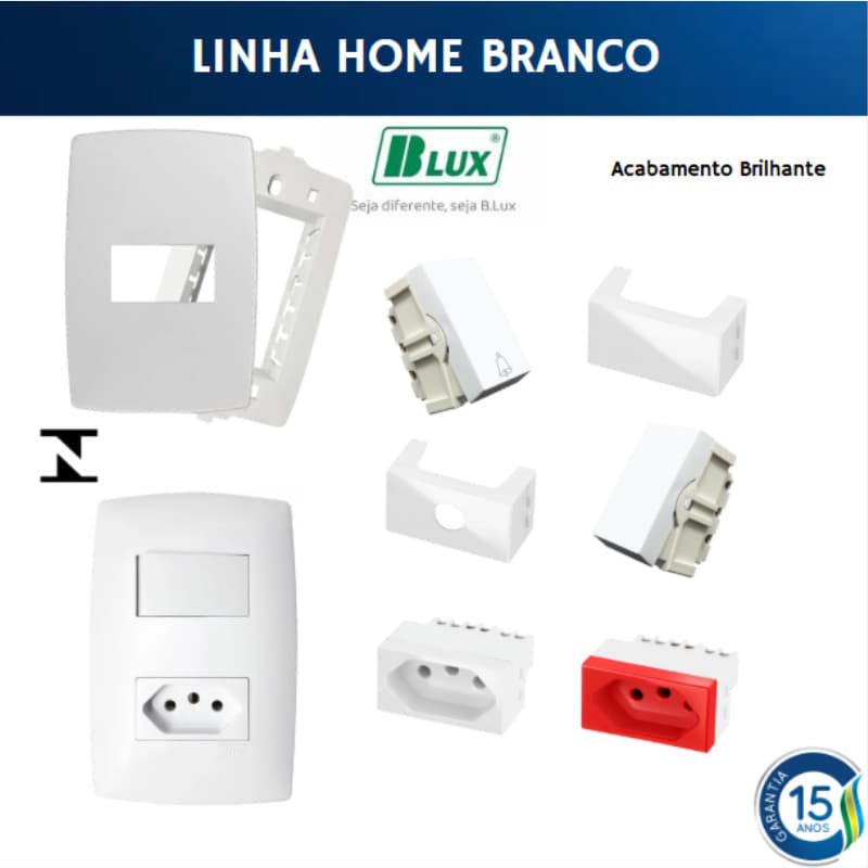 Conjunto Tomada Branca Brilhante 4x2 10a 20a Interruptor Simples Paralelo Home Branco BLUX